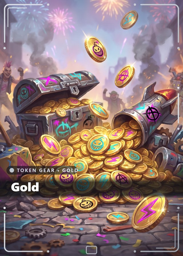 Carnival Chaos Gold token card, cinematic style