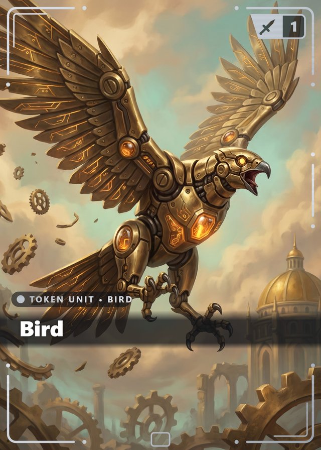 Clockwork Choir Bird token card, cinematic style