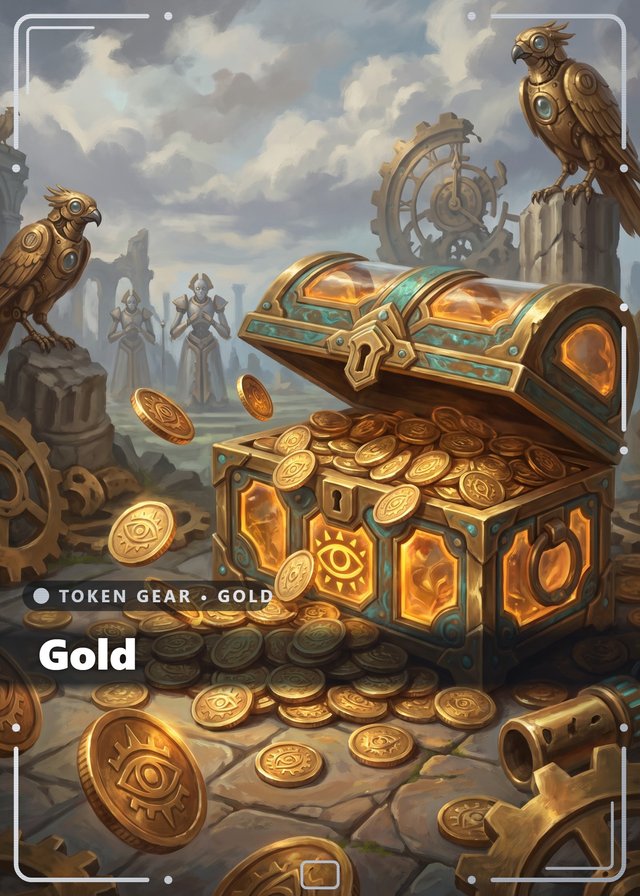 Clockwork Choir Gold token card, cinematic style