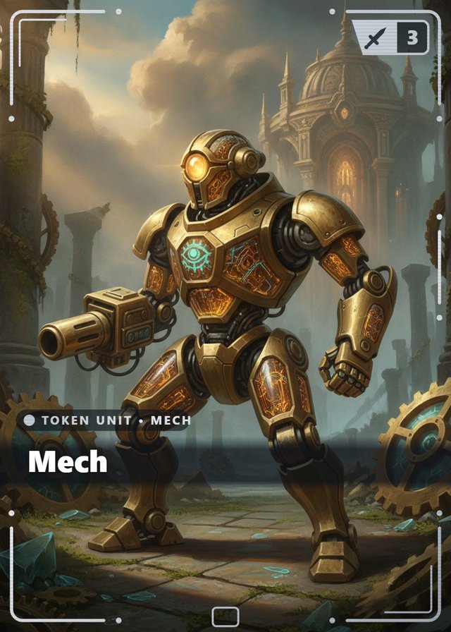 Clockwork Choir Mech token card, cinematic style