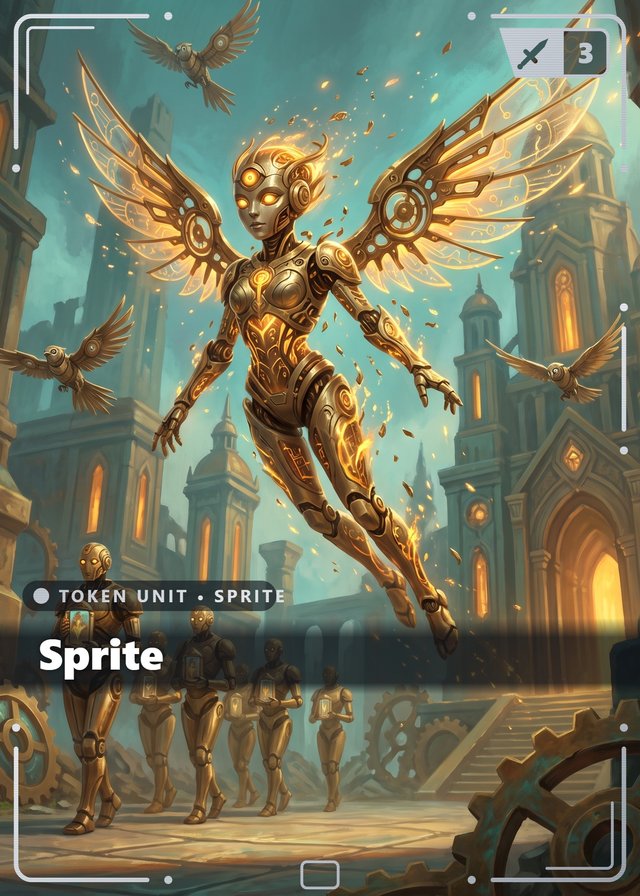 Clockwork Choir Sprite token card, cinematic style