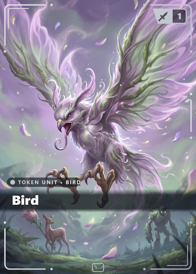 Dreaming Glade Bird token card, cinematic style