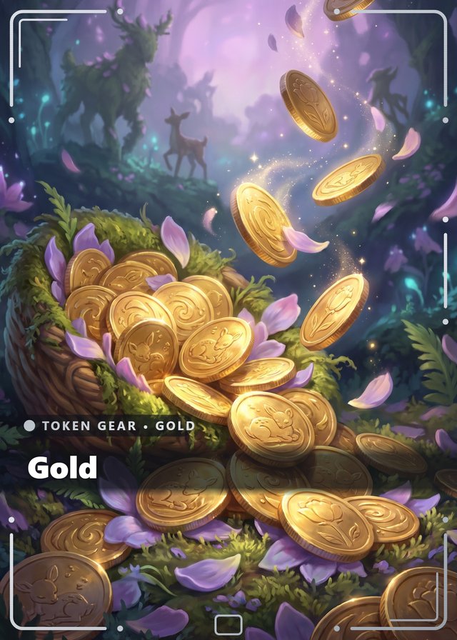 Dreaming Glade Gold token card, cinematic style