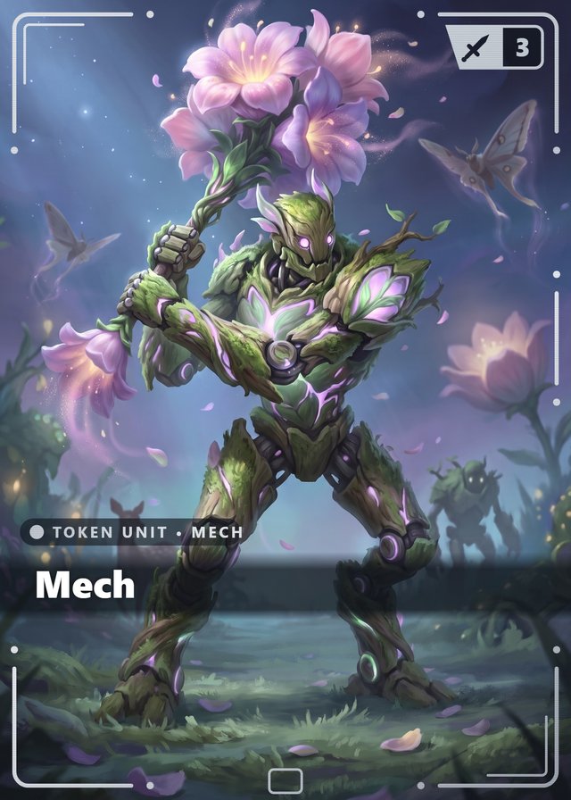 Dreaming Glade Mech token card, cinematic style