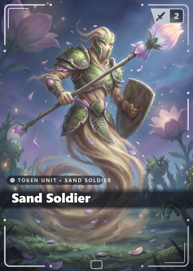 Dreaming Glade Sand Soldier token card, cinematic style