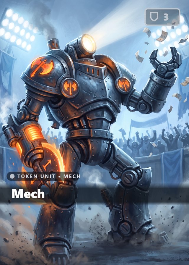 Grand Arena Mech token card, cinematic style