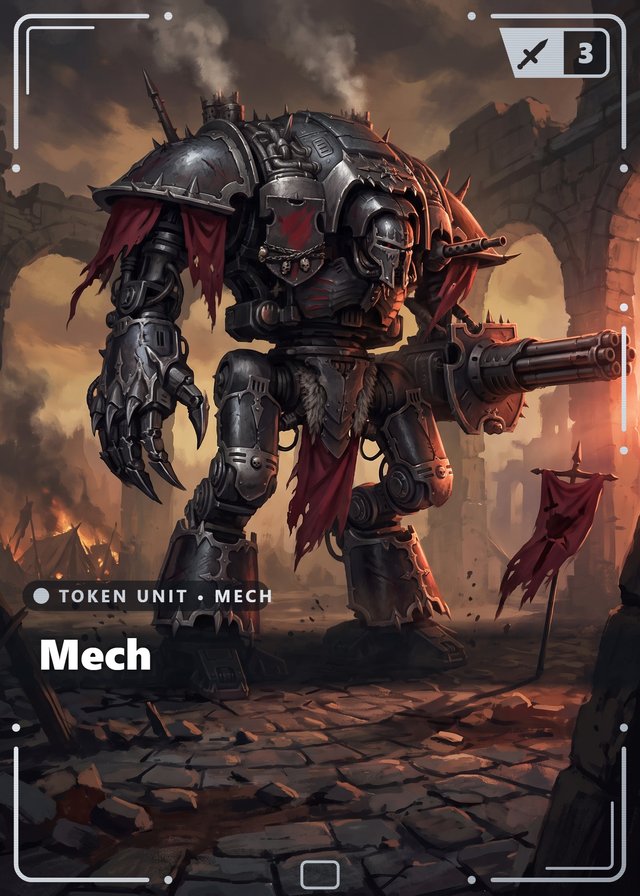 Iron Legion Mech token card, cinematic style