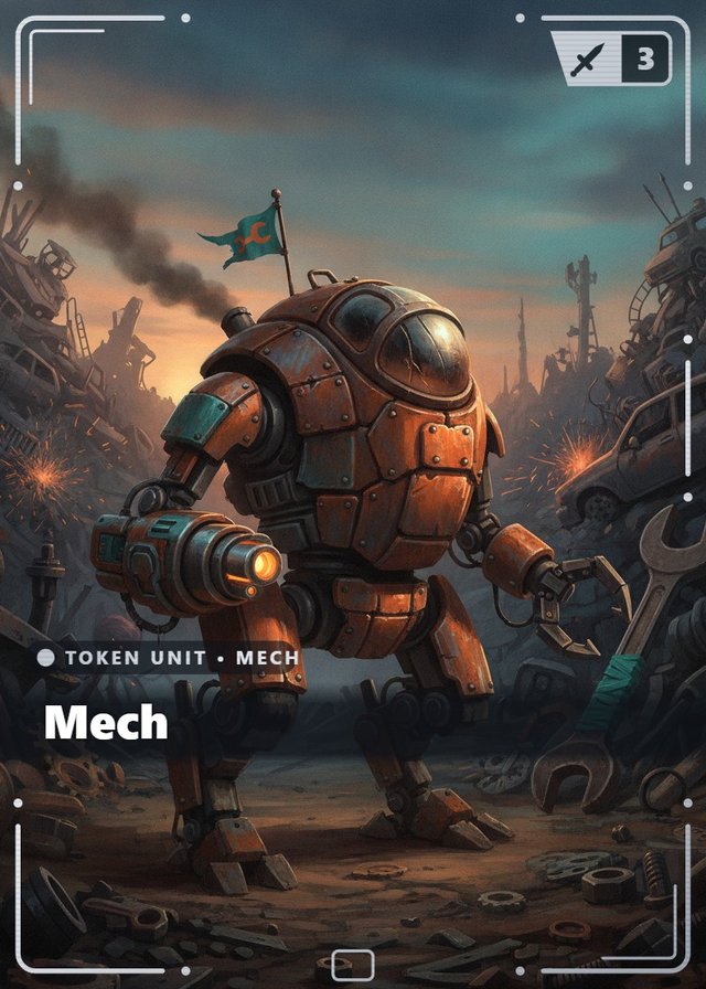 Scrapyard Bravado Mech token card, cinematic style