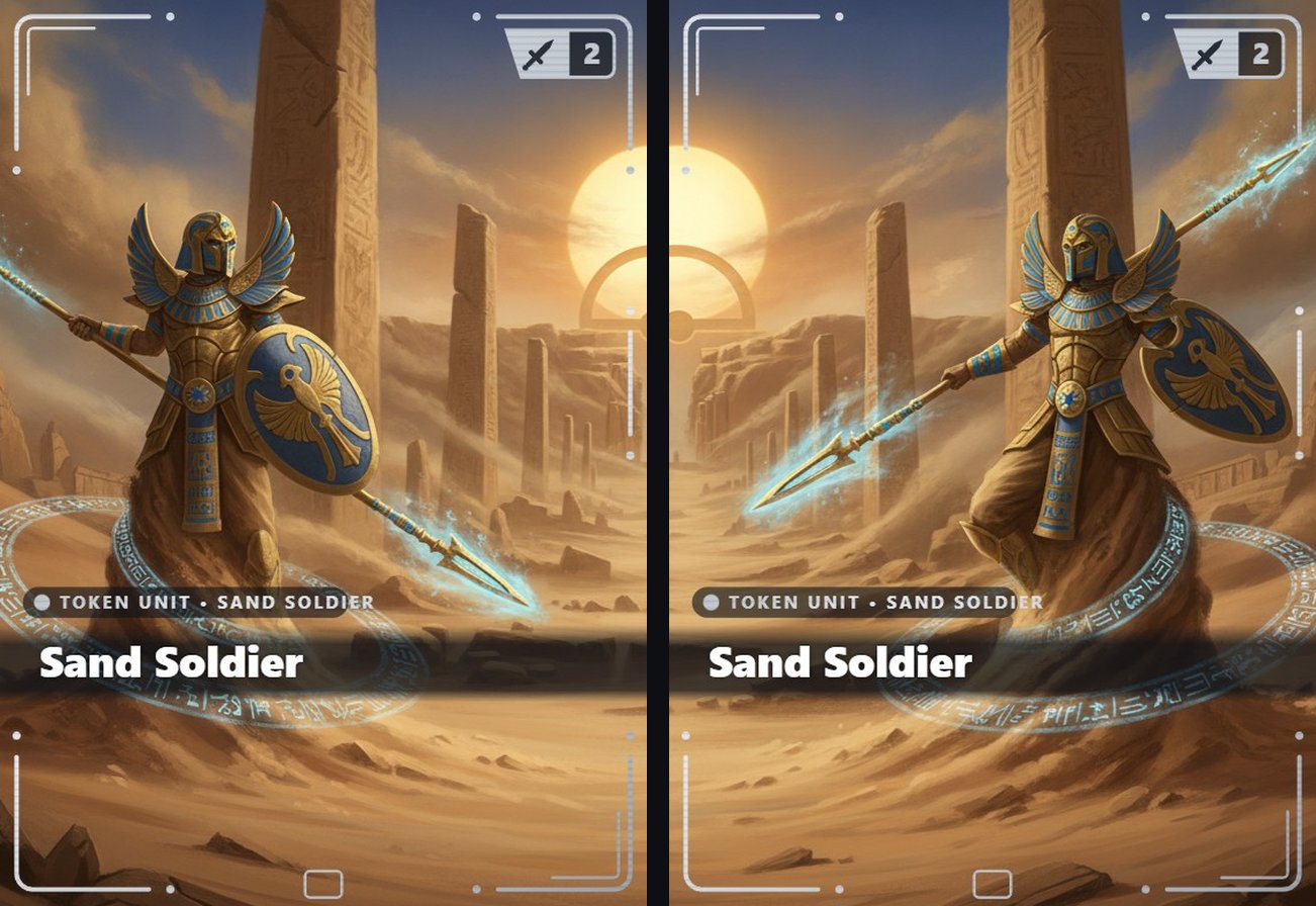 Sunken Empire 'Desert Vanguard' panorama — 2 connected token cards, cinematic style