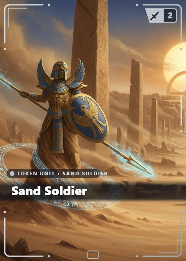 Sunken Empire Sand Soldier I token card, cinematic style