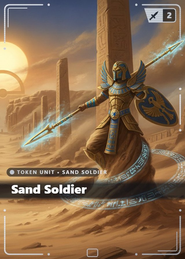 Sunken Empire Sand Soldier II token card, cinematic style