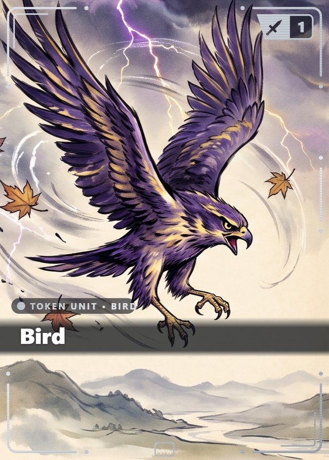Tempest Heart Bird I token card, inkbrush style