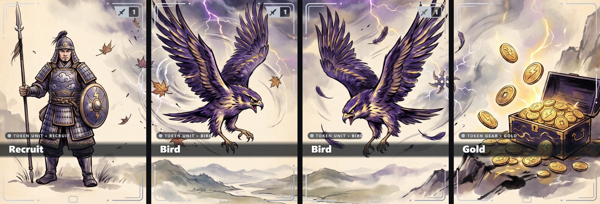Tempest Heart 'Storm Front' panorama — 4 connected token cards, inkbrush style