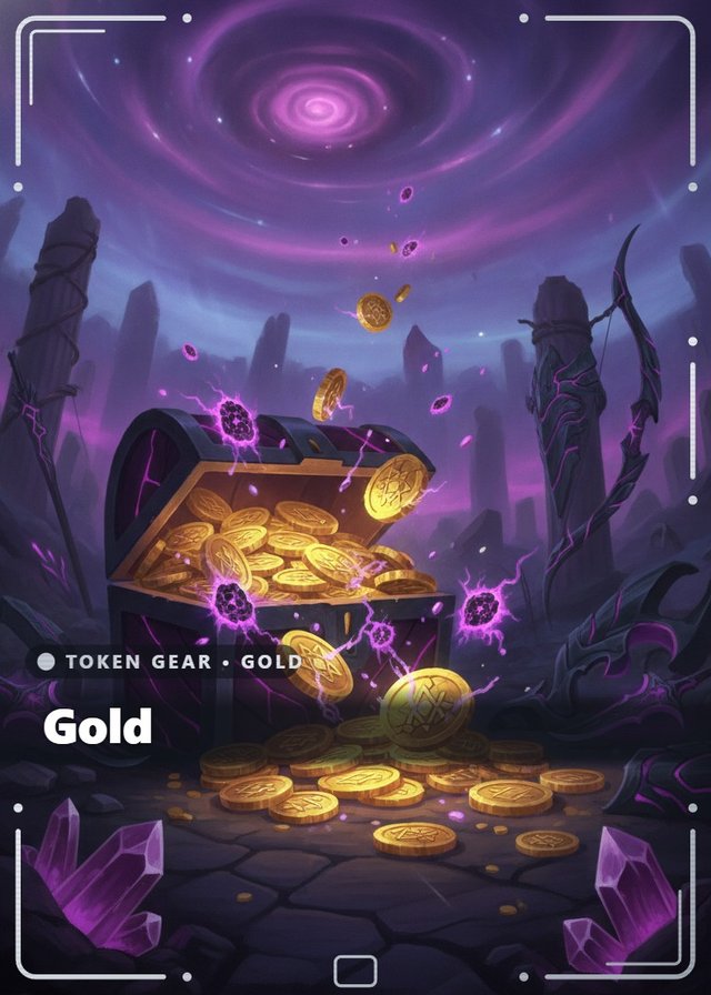 Void Huntress Gold token card, cinematic style