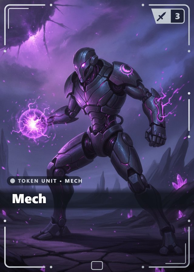 Void Huntress Mech token card, cinematic style