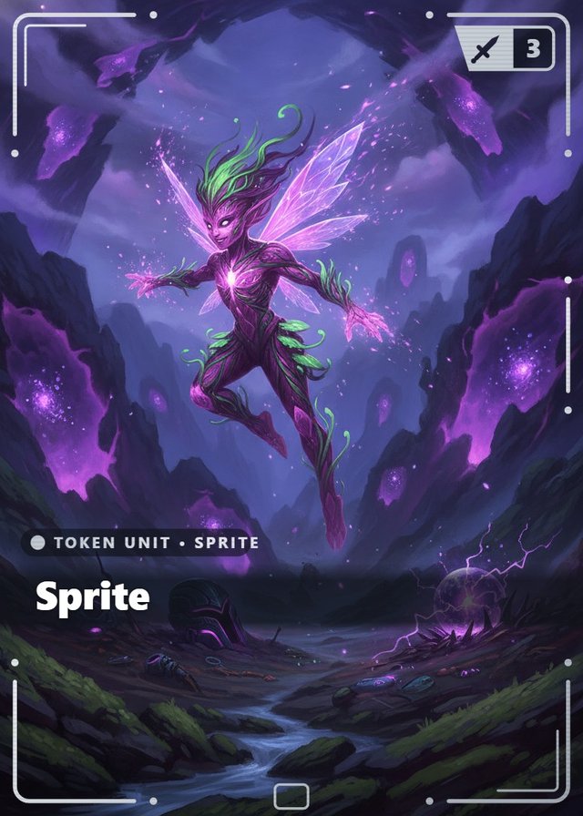 Void Huntress Sprite token card, cinematic style
