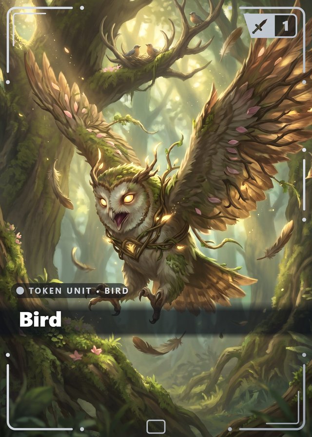 Walking Grove Bird token card, cinematic style