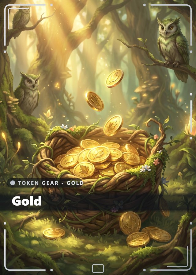 Walking Grove Gold token card, cinematic style