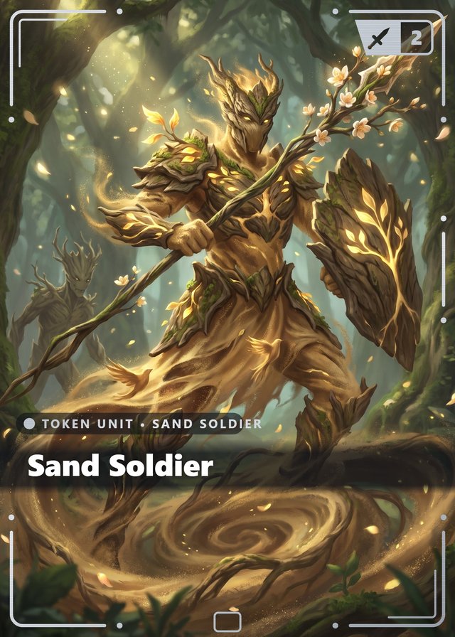 Walking Grove Sand Soldier token card, cinematic style